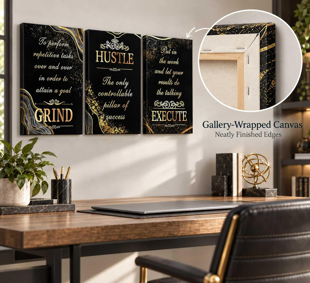 3 Pcs Black Gold Inspirational Office Canvas Wall Art 12x16in