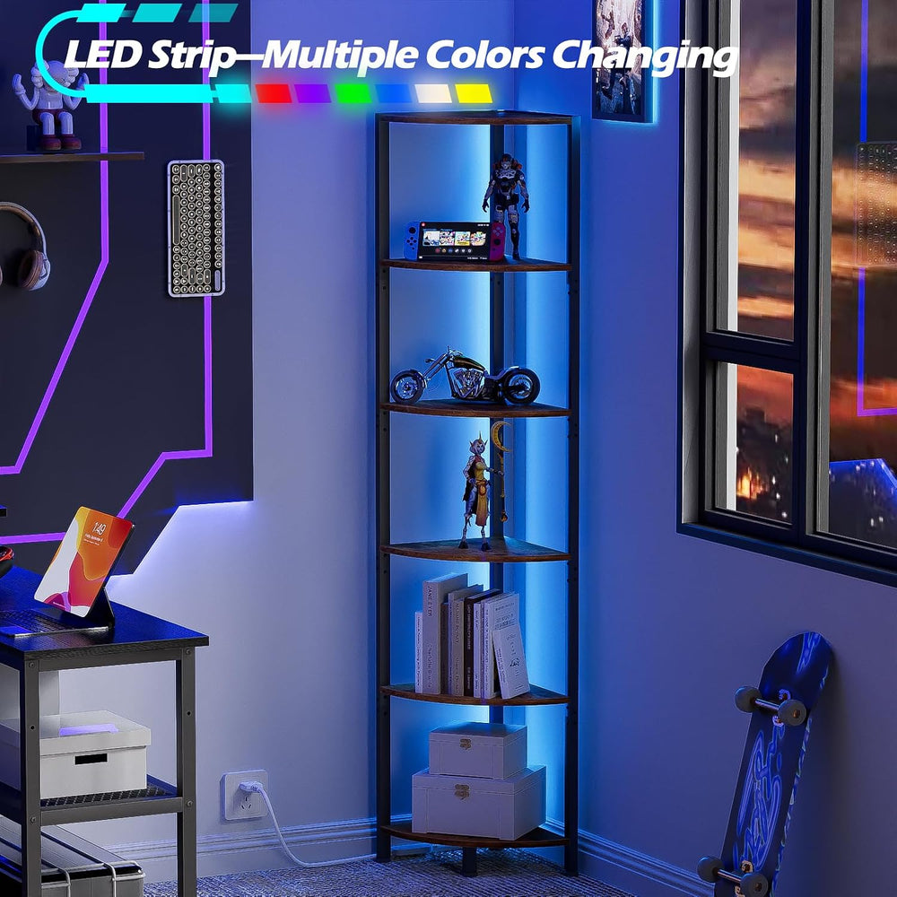 Furnulem 6 Tier Corner Shelf with LED Light, 67.5" Corner Narrow Bookshelf