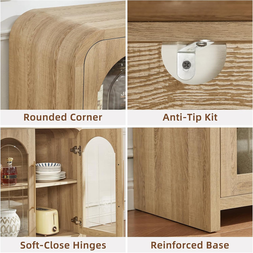 65" Sideboard Buffet Cabinet with Arched Glass Doors, Natural