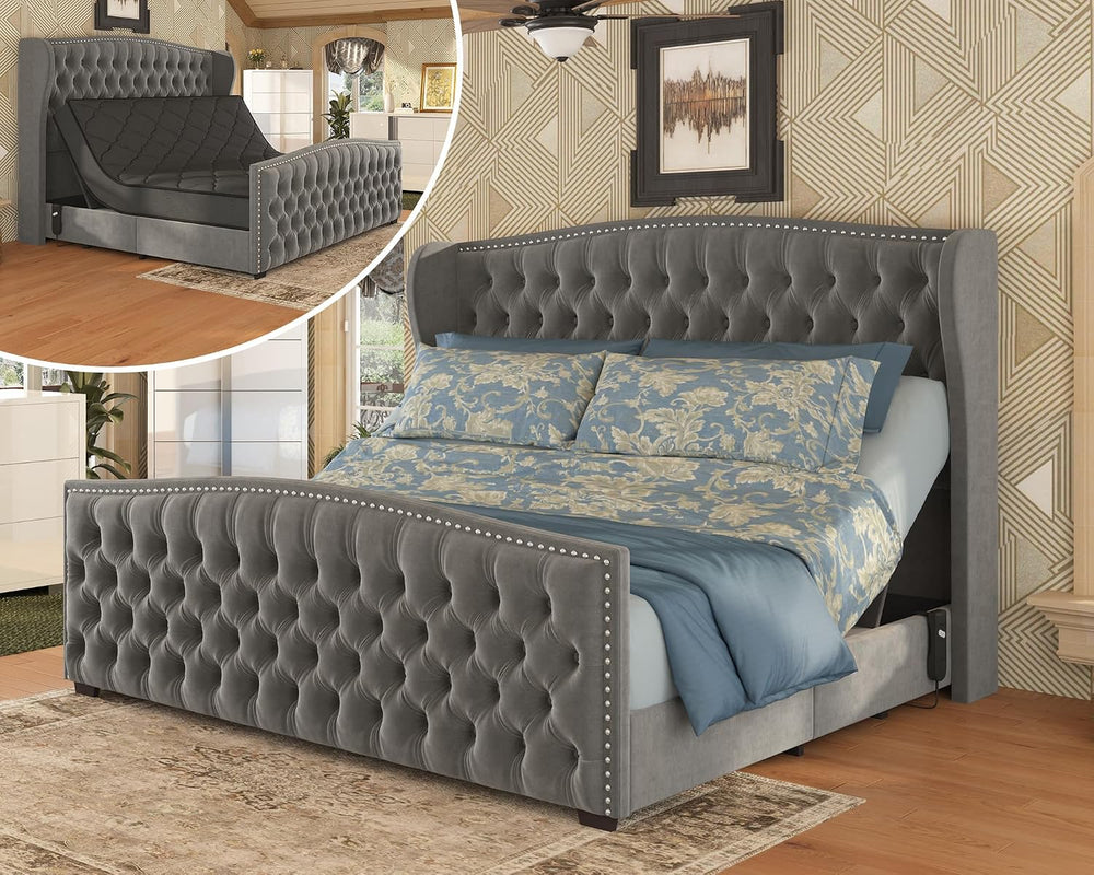 AMERLIFE King Adjustable Bed Frame with 51" Velvet Upholstered Headboard