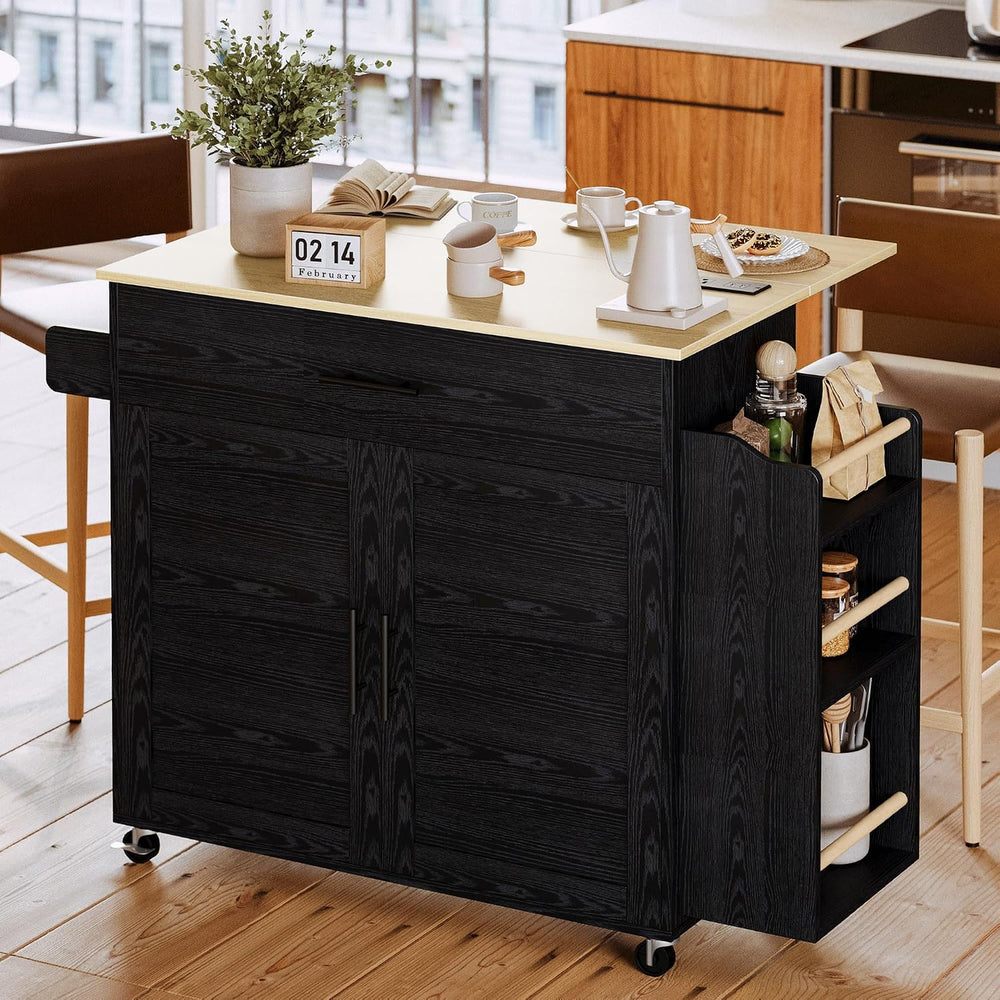 IRONCK Kitchen Island with Storage, Charging Station and Drop Leaf, Black