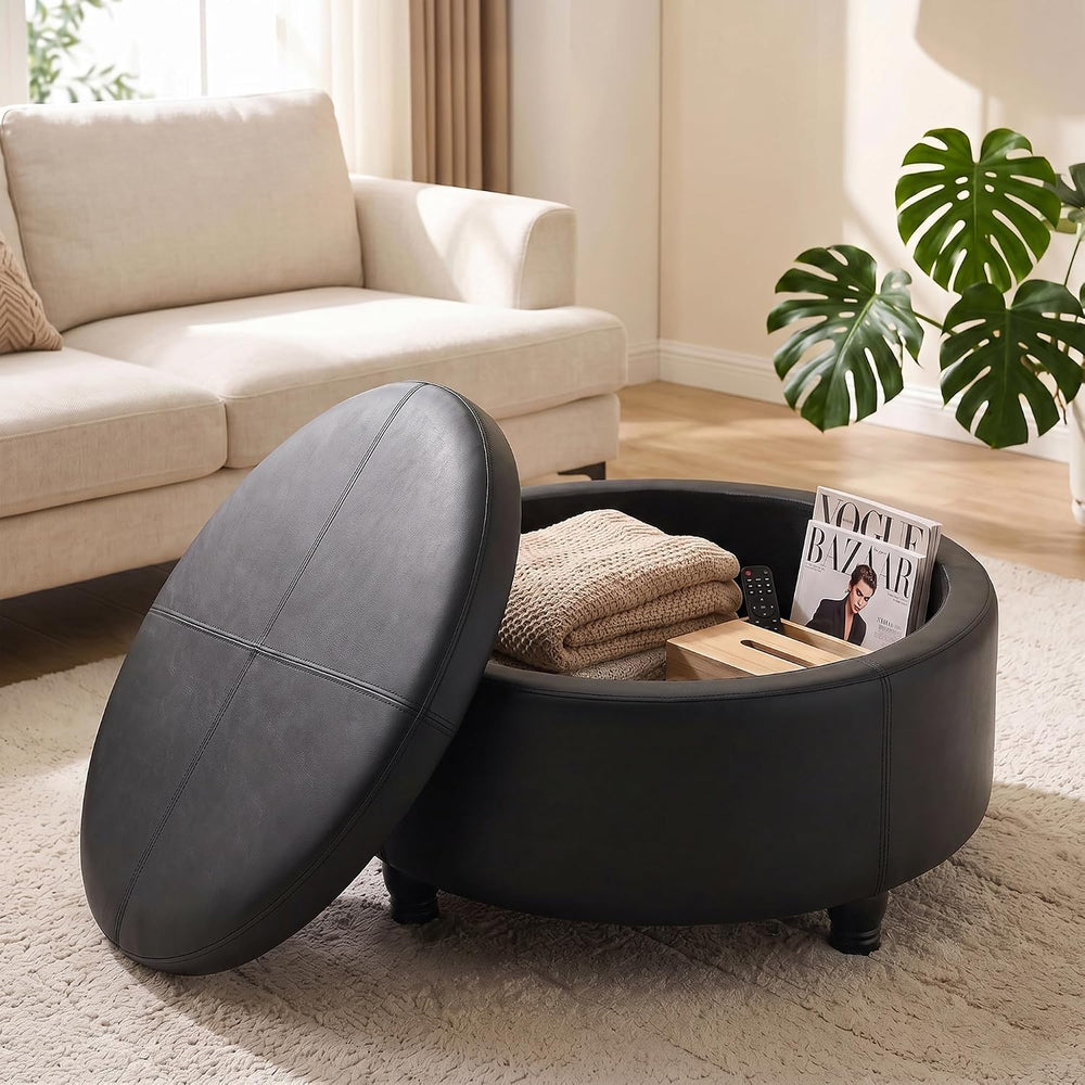 30-Inch Round Ottoman, Leather Ottoman with Storage (Black)