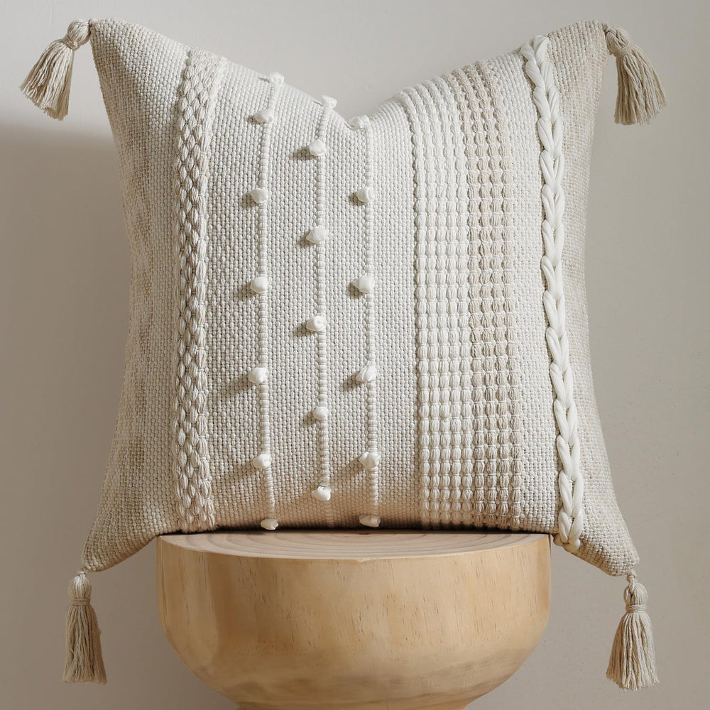 DEZENE Boho Pillow Cover 18x18 Beige - Handmade Woven Textured Throw Pillow C...