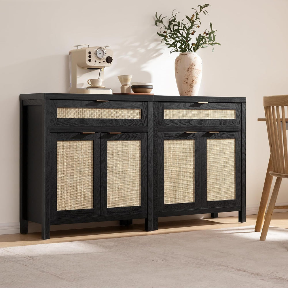 SICOTAS Sideboard Buffet Storage Cabinet, Rattan Accent Cabinet with Doors