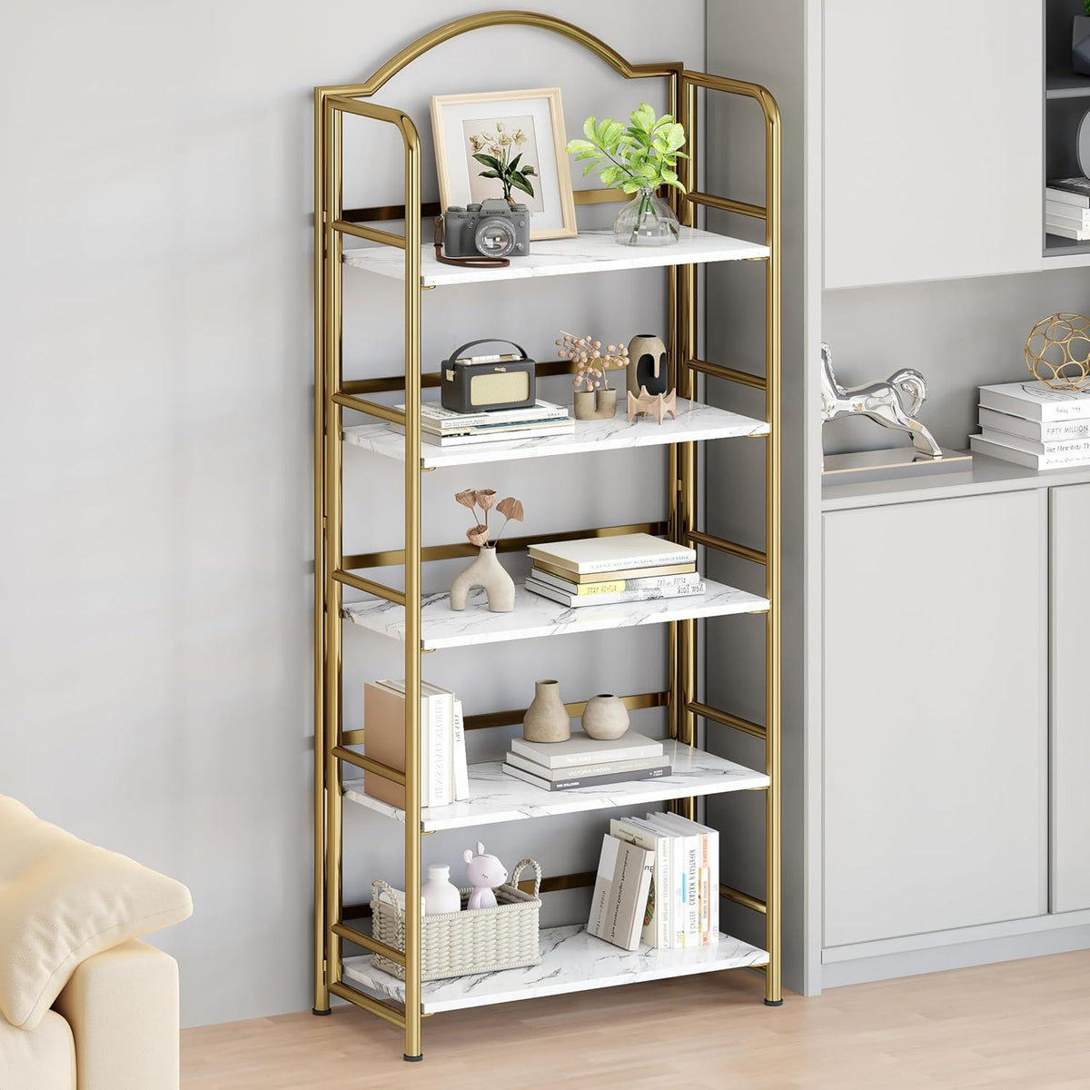 gold folding bookshelf 5 tiers, no assembly,vintage storage, side view