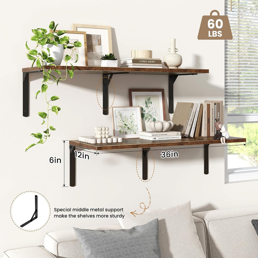 Fun Memories Rustic Brown 12 Inch Deep Floating Shelves Set of 2, Wall Mounte...
