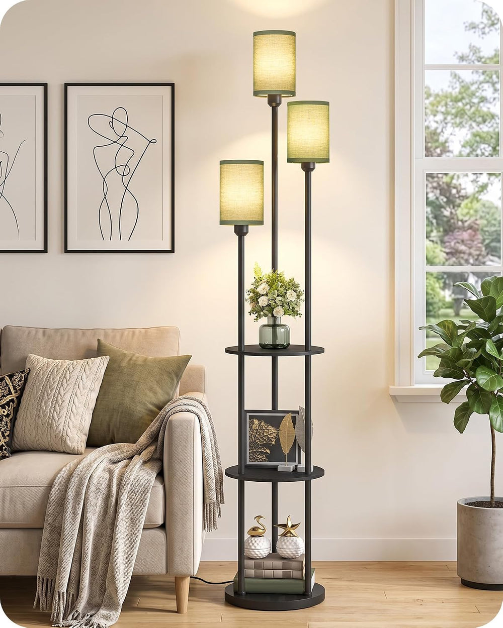 Floor Lamp with Shelves, Modern Floor Lamp with 3 Linen Shades and Foot Switc...