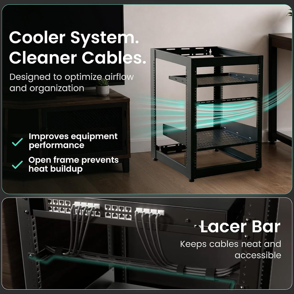 ynVISION.DESIGN 15U Open Frame AV Rack with 1U and 2U Shelves, Lacer Bar