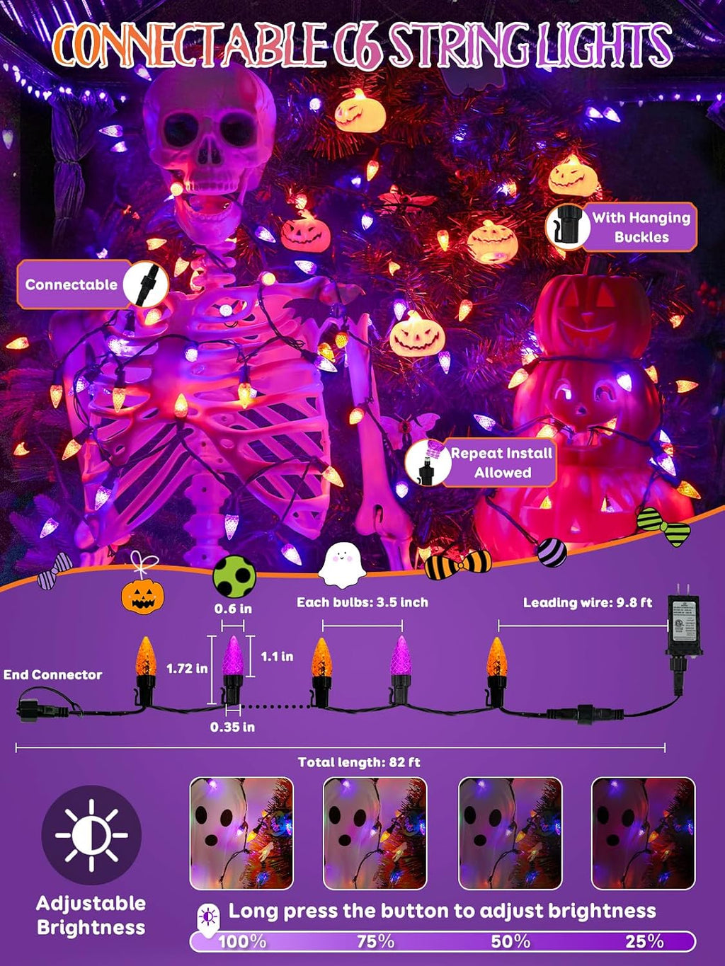 250 LED Linkable C6 Halloween Lights 82FT Outdoor Halloween Lights Decor