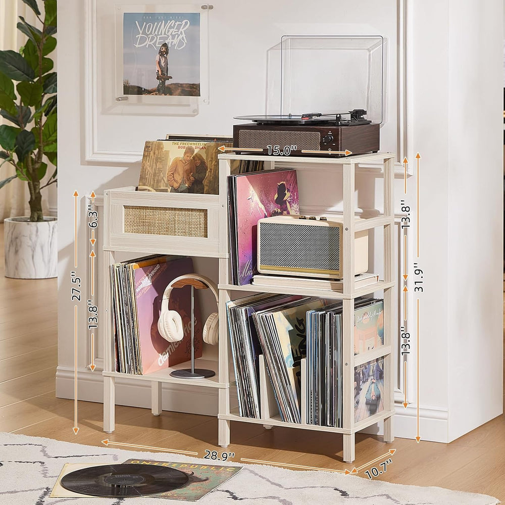 LELELINKY Record Player Stand, White Cream Oak Wood Record Holder with Vinyl ...