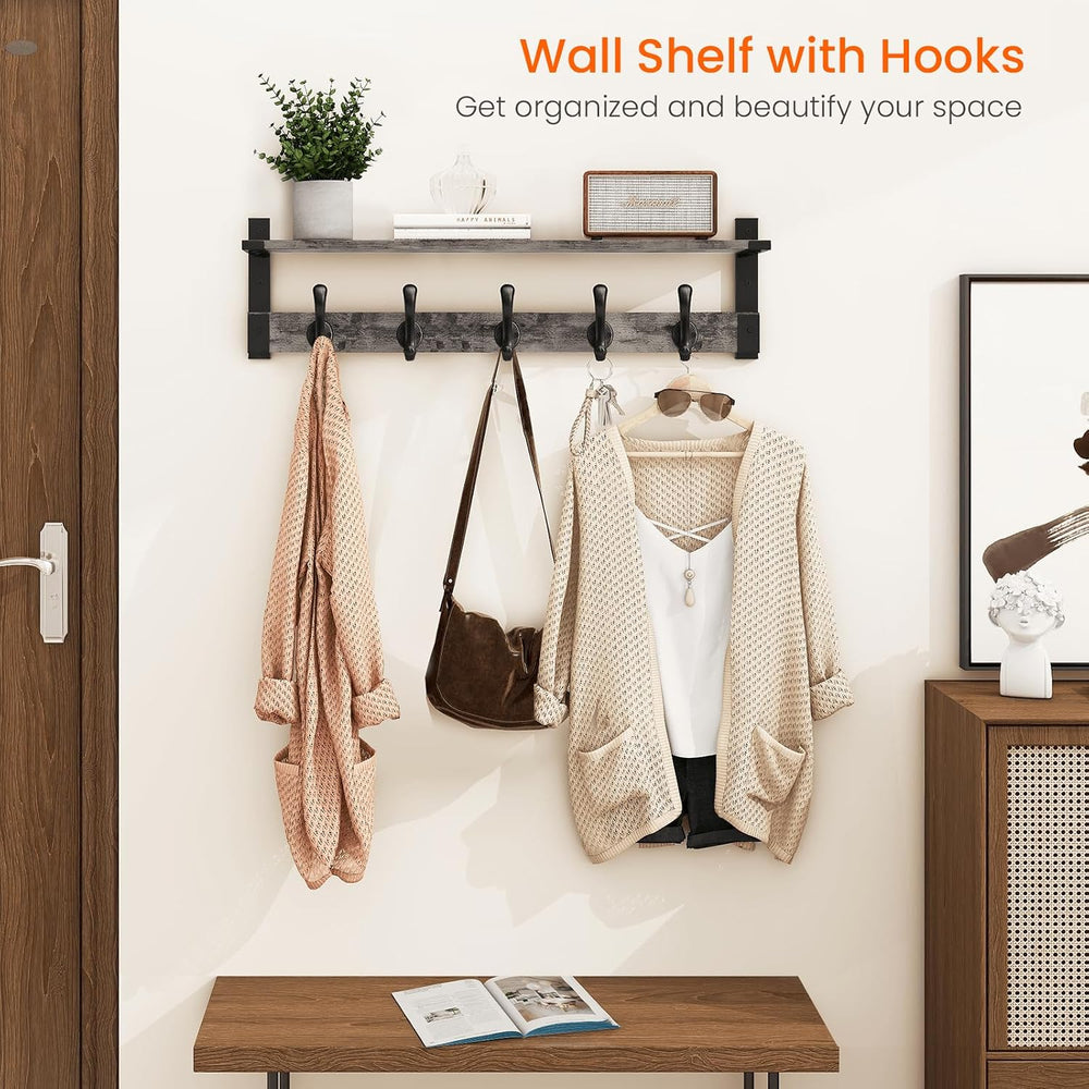 Homode Coat Rack Wall Mount with Shelf, 29 Inch Wall Shelf with Hooks, Grey