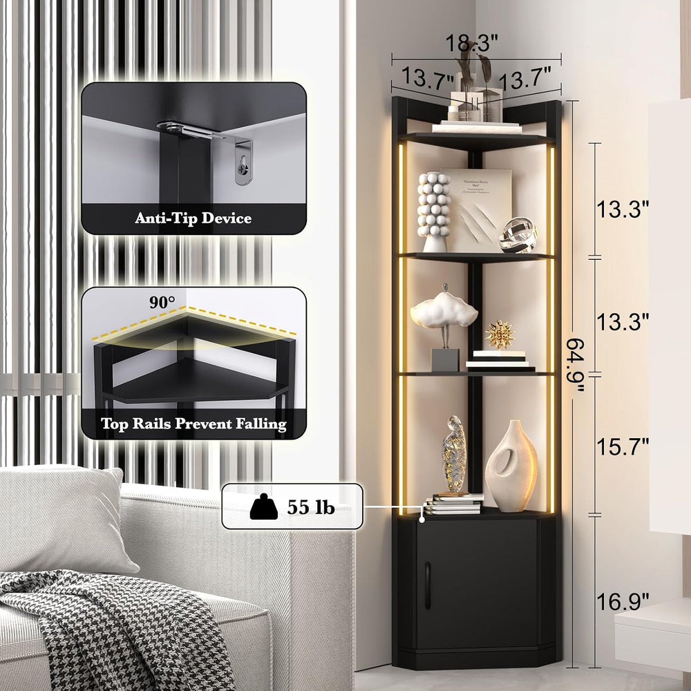 5-Tier Corner Shelf with RGB Light, 65" Tall Display Cabinet