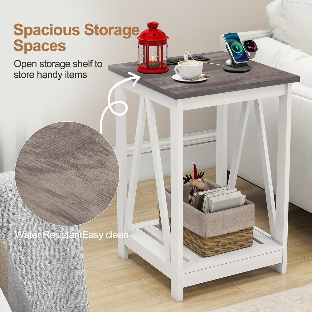 End Table, Farmhouse Square Side Table with 2 USB Ports & 2 Power Outlets