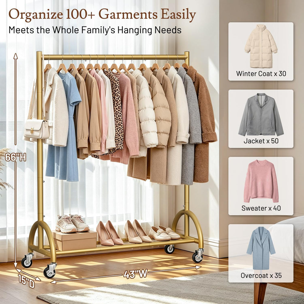SLEEPING LAMB Heavy Duty Gold Clothing Rack for Hanging Clothes with Wheels