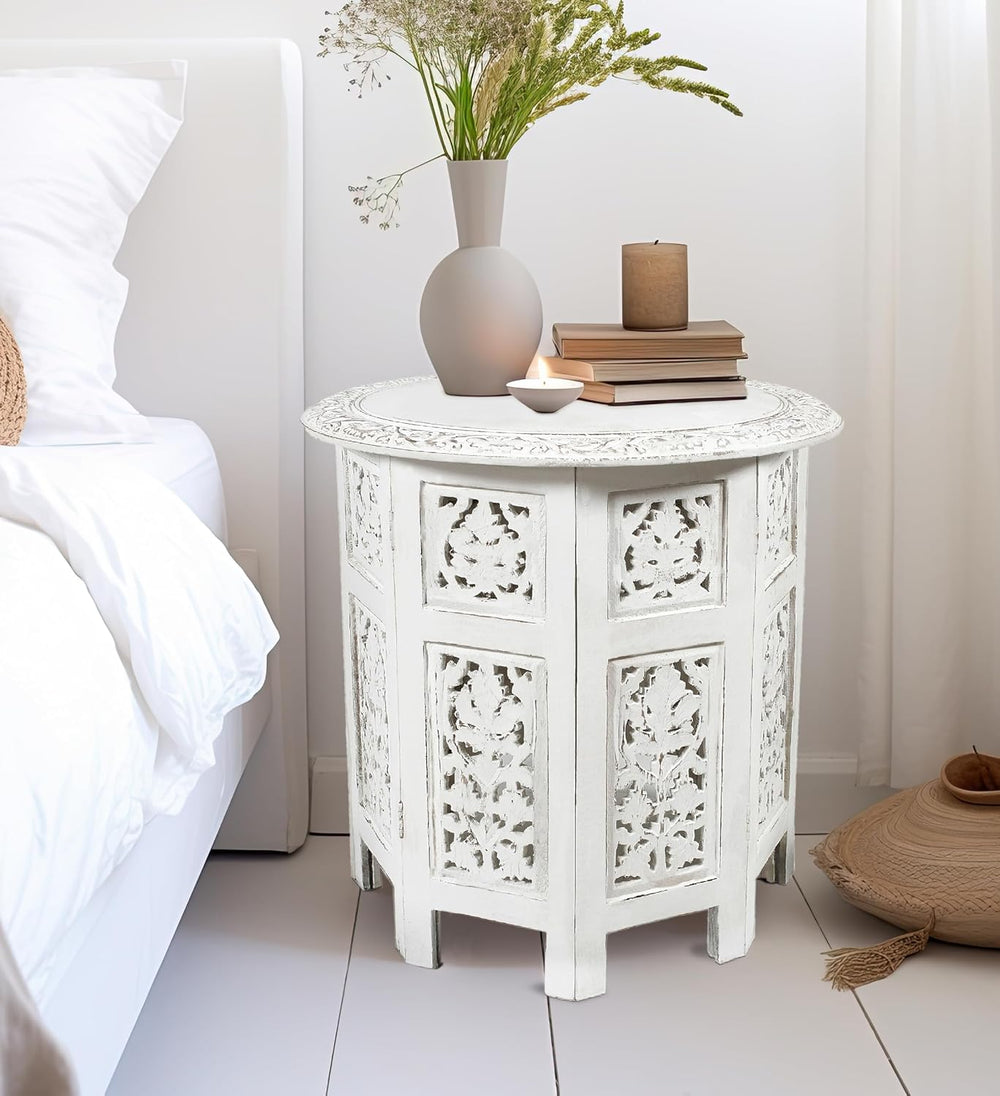 COTTON CRAFT Solid Wood End Table - Hand Carved Folding Accent Side Table