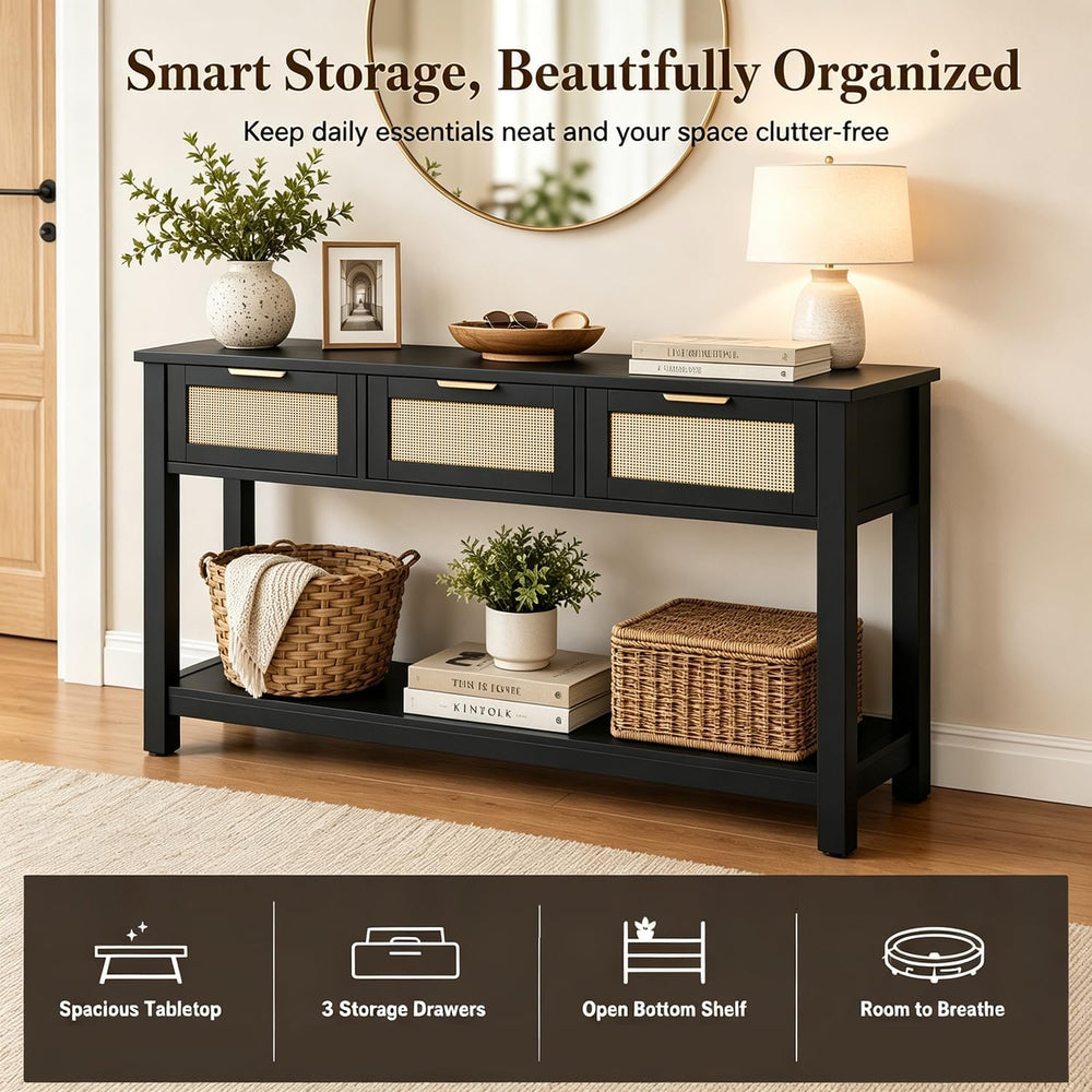 Luoxiao Rattan Console Table 3-Drawer 47" Narrow Black Entryway Sofa Table