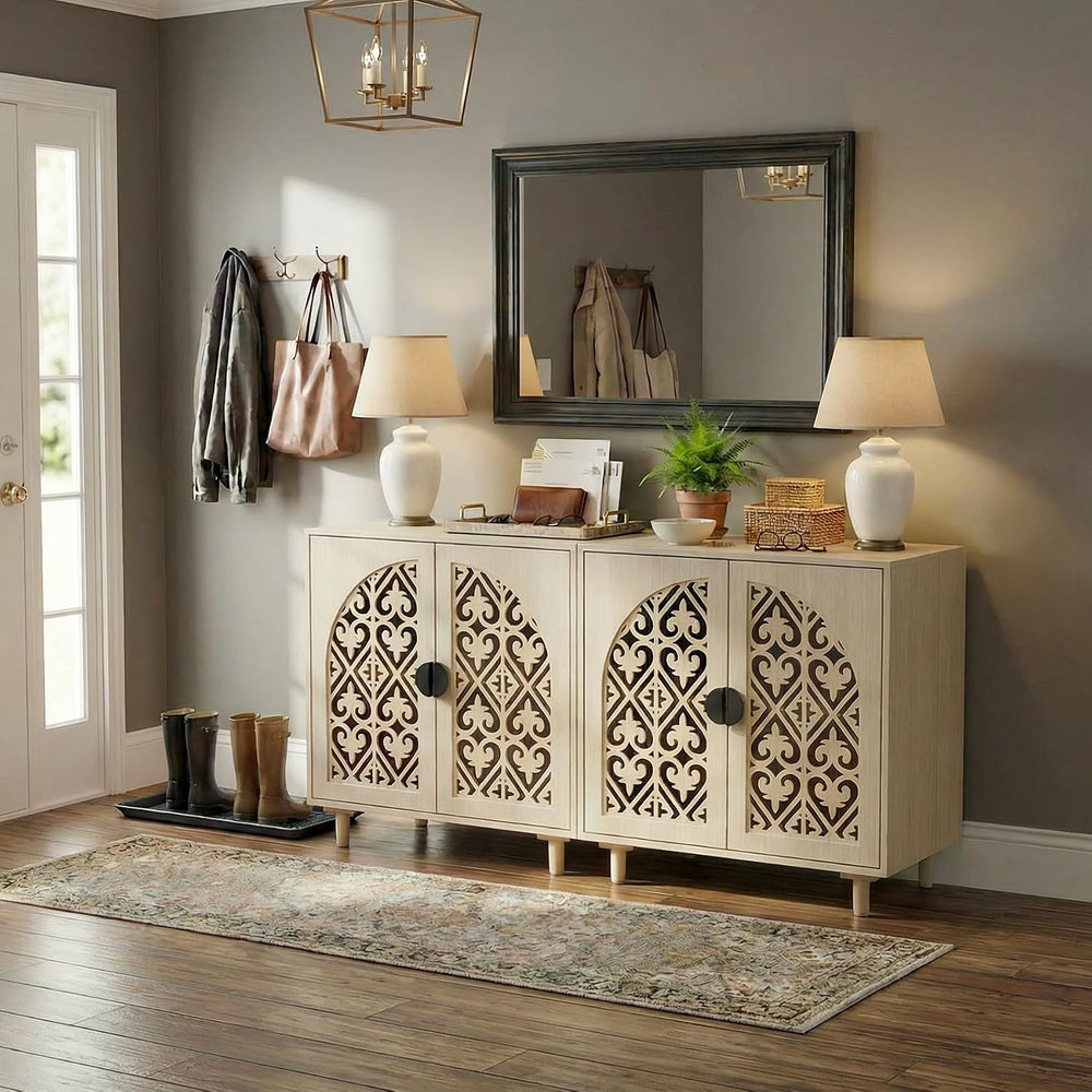 Boho Sideboard Buffet Cabinet with Adjustable Shelves, (Beige)