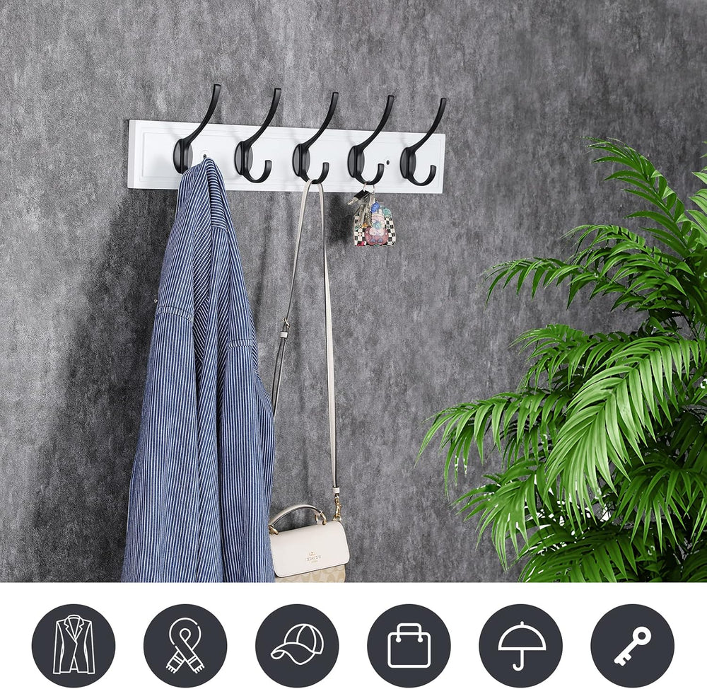 Wall Mounted Coat Rack, 27 Inch MDF Board with 5 Double Hooks, White