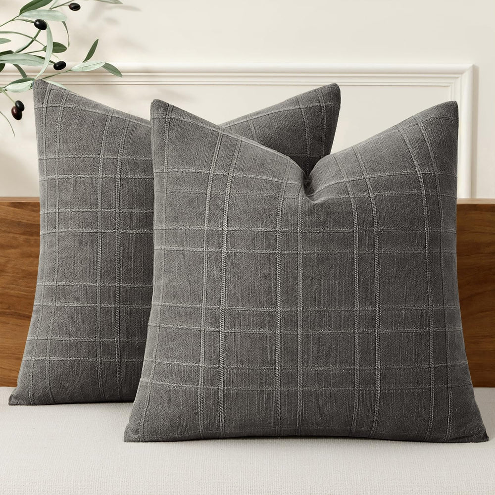 MIULEE Linen Plaid Pillow Covers Decorative Euro 24x24 Charcoal Gray