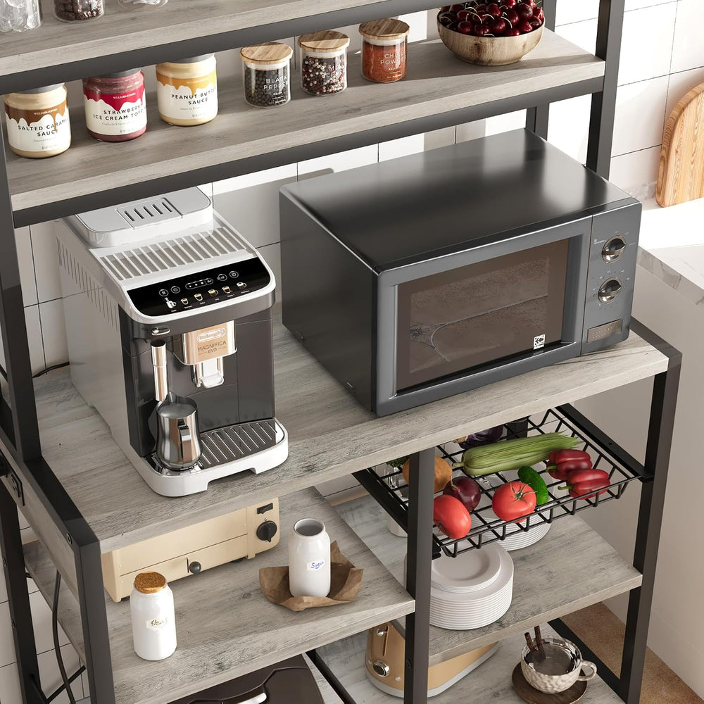 IDEALHOUSE Bakers Rack with Power Outlet, Coffee Bar with Wire Drawer, Indust...