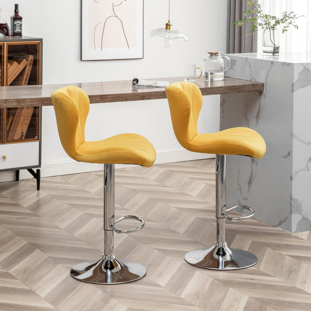 Roundhill Furniture Ellston Velvet Adjustable Swivel Barstools in Yellow, Set...