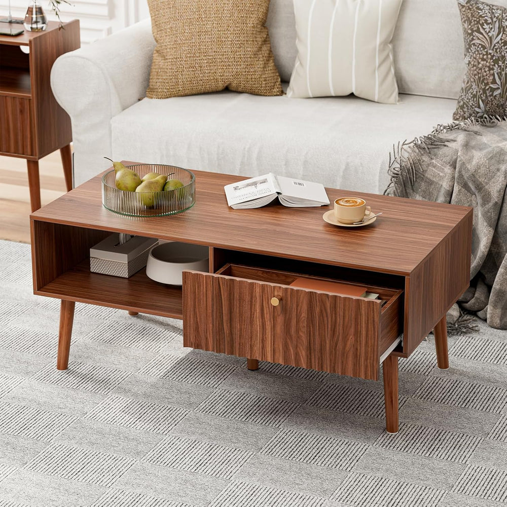 LCRBOL Coffee Table with Fluted Drawer, Mid-Century, Walnut
