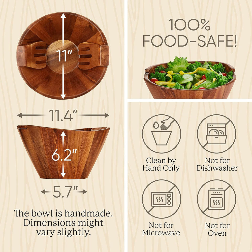 Night Tree Large Wooden Salad Bowl with Serving Utensils, 11.5 Inch Set