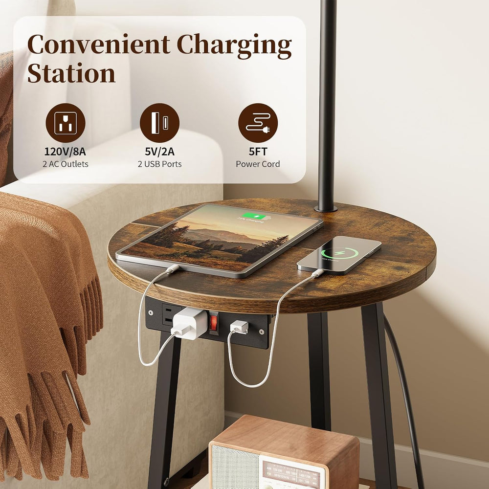 Yoobure Floor Lamp with Table - Round Night Stand with Charging Station