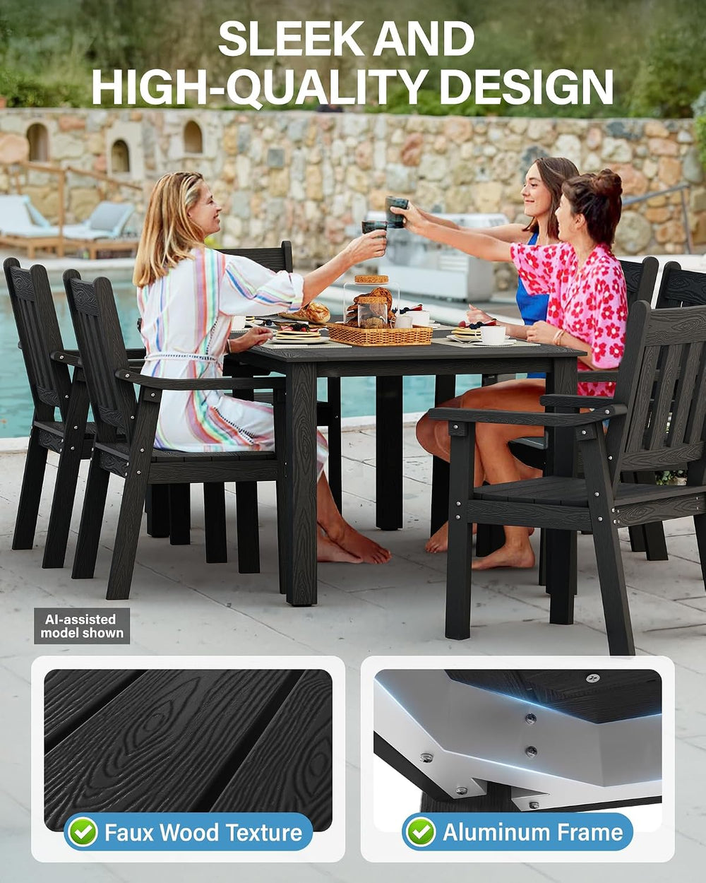 YEFU Outdoor Dining Set for 10, All-Weather HIPS, Aluminum Frame, Black