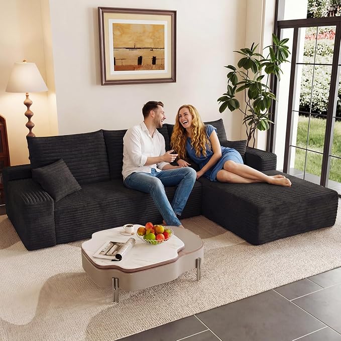 95" Modular Sectional Couch, L Shaped Cloud Sofa with Chaise Lounge, Corduroy Upholstered Couches Memory Foam Deep Seat, No Assembly Required, Ideal for Living Room(Black, Right Facing)