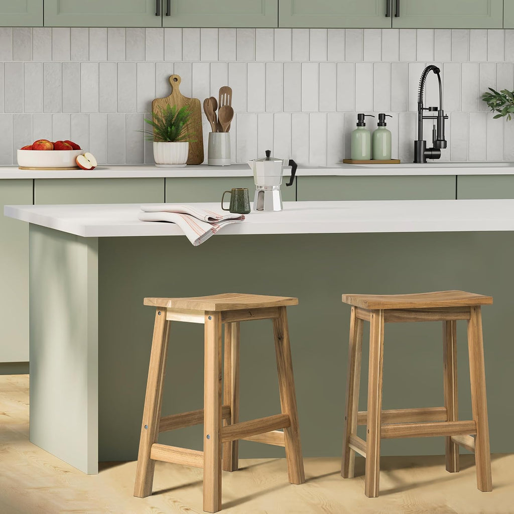 VICTORY RELAX Wooden Counter Stool - Set of 2 Backless Design with Ergonomic Saddle Seat - Light Natural Acacia Wood Kitchen & Bar Stool - Space-Saving Seating & Decor, 24 Inch Height