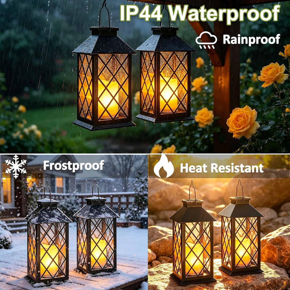 2 Pack 14" Large Tempered Glass Solar Lanterns Outdoor Waterproof, Black