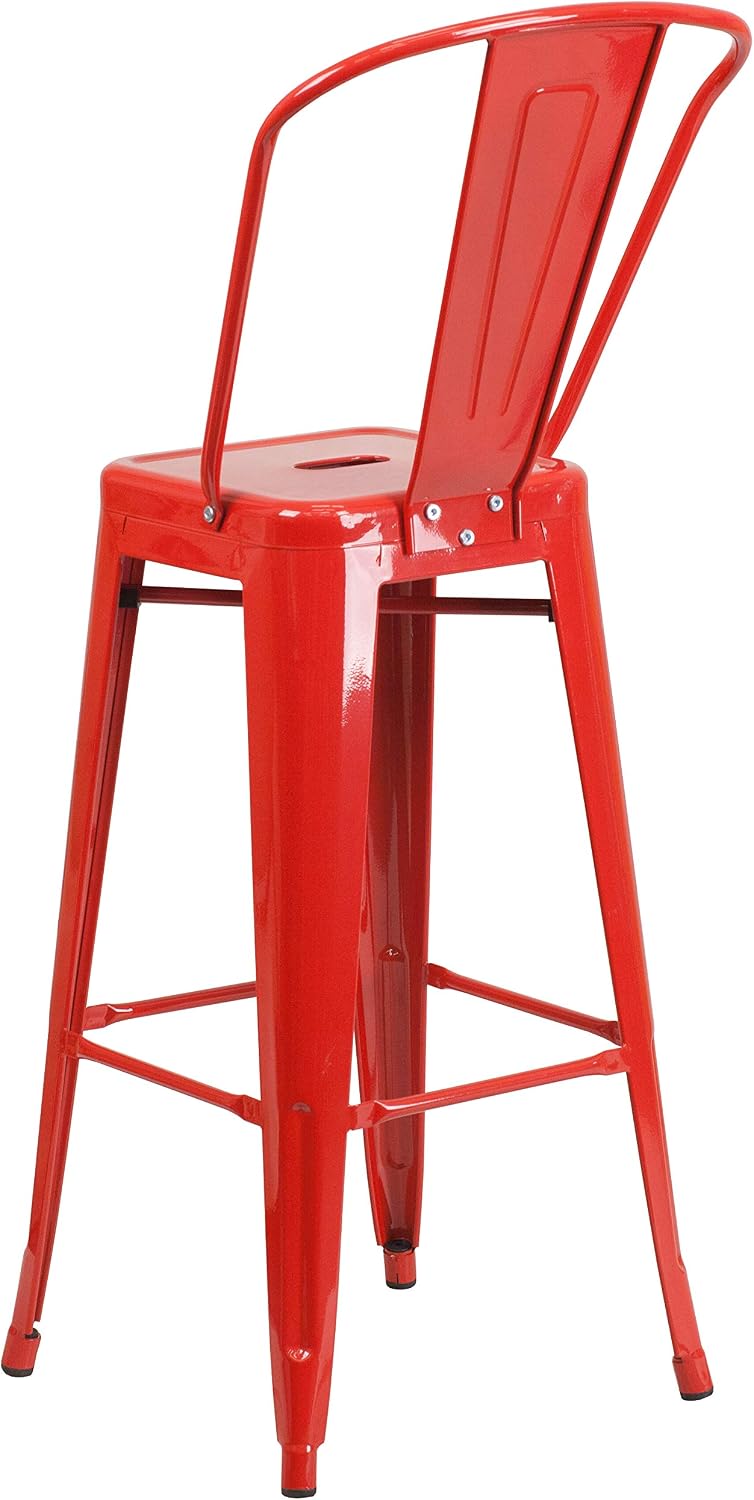 EMMA + OLIVER 30" Red Metal Indoor/Outdoor Barstool with Back, 4-Pack