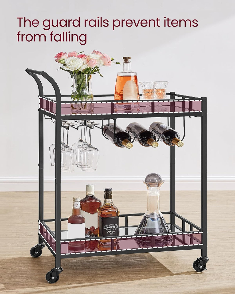 VASAGLE Bar Cart with 2 Mirrored Shelves, Wine Holders, Glass Holders