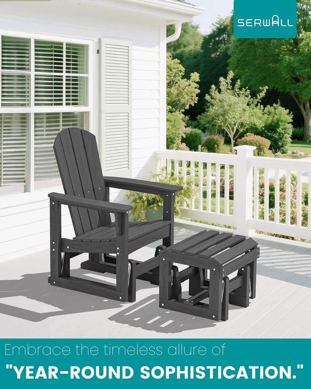 SERWALL HDPE Outdoor Glider with Ottoman, All-Weather Patio Glider Rocker