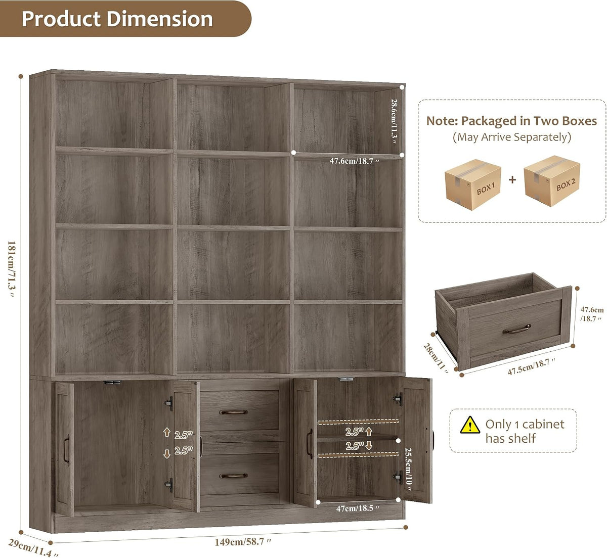 HOSTACK 71" Tall Triple Wide Bookshelf with Storage Drawers & Doors, Grey