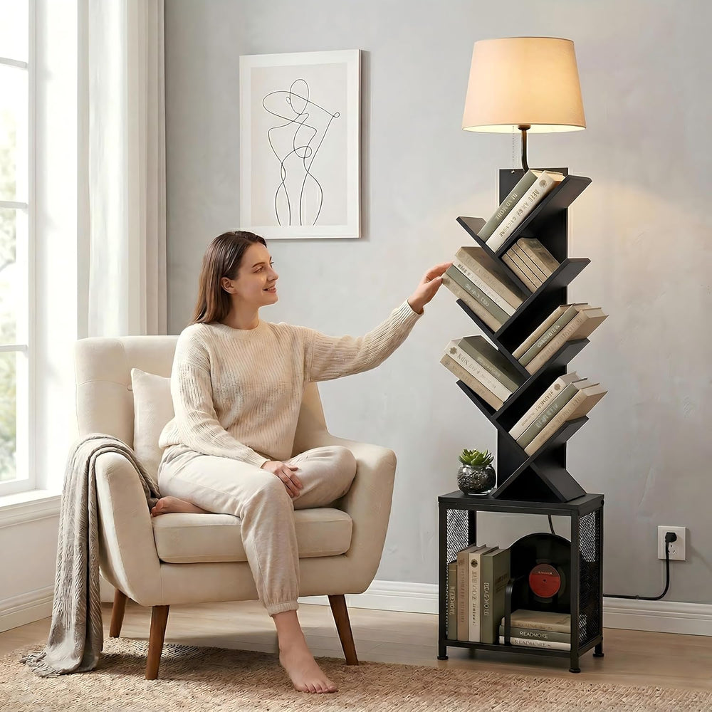 62" Tall Tree bookshelf cabinet, Oval Lamp Fabric Lightshade (Black)