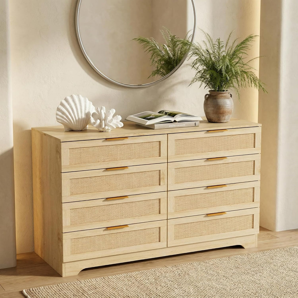 HOPUBUY Living Room Table Sets, Boho Large Drawer | Natural,Rattan TV Stand Console Table for Hallway, Bedroom