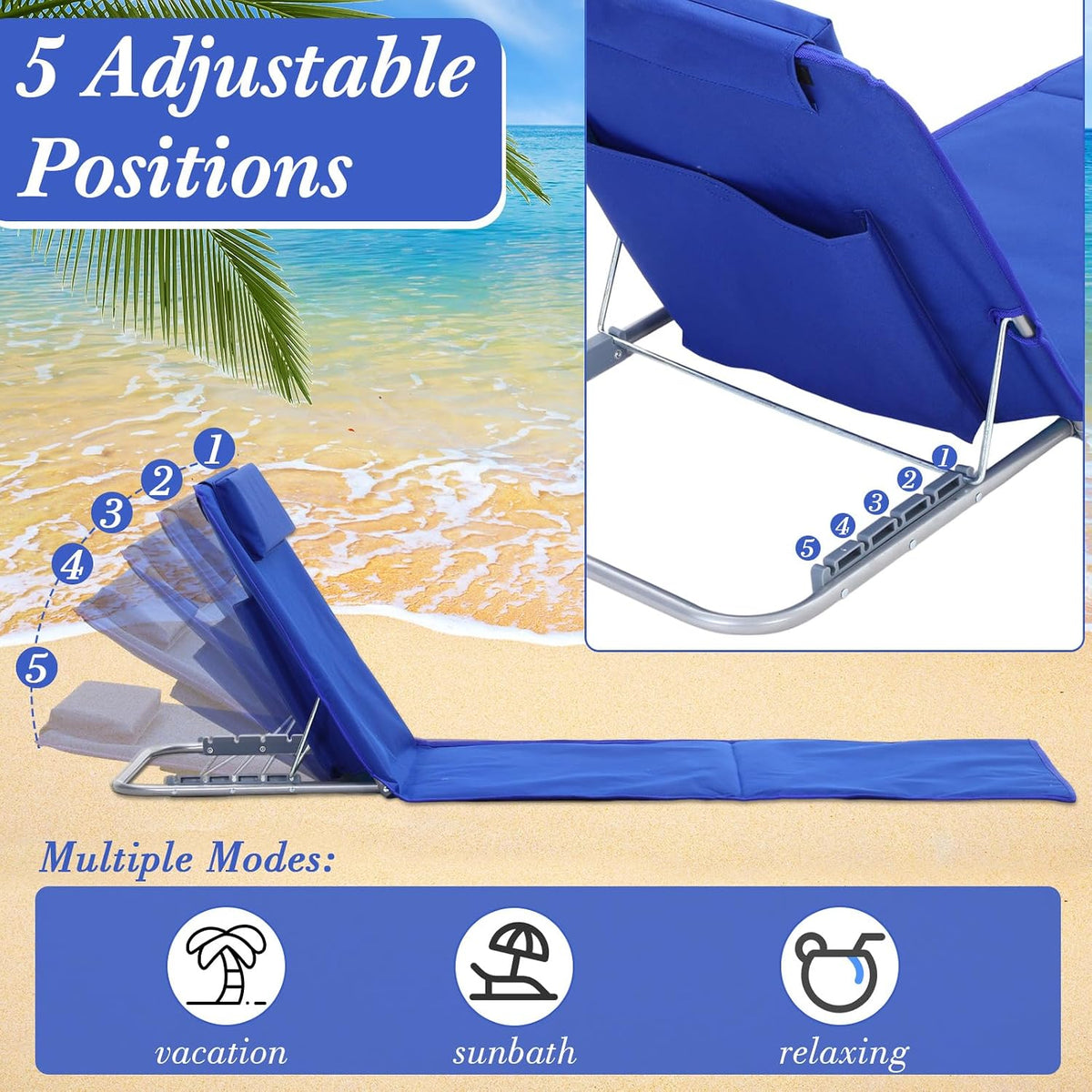 beeveer 3 pcs beach lounge chaise chair with, side view