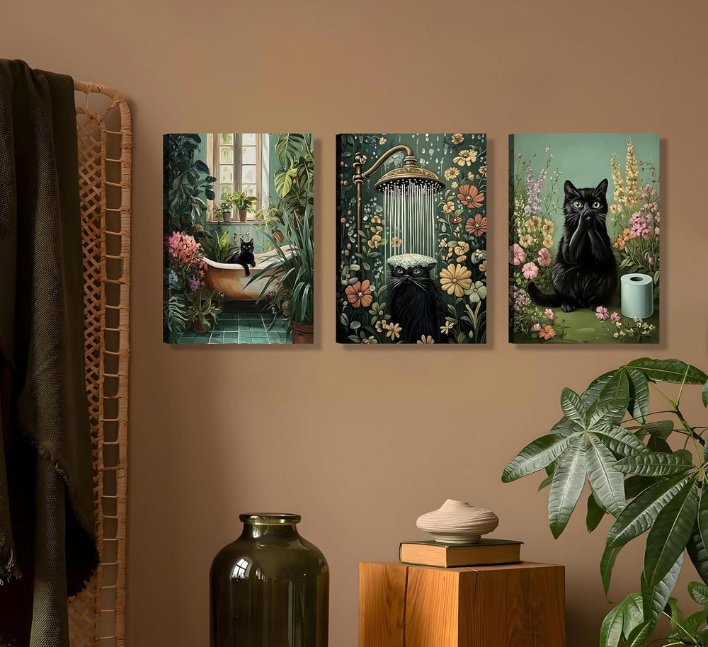 3pcs Framed Black Cat Bathroom Wall Art 12x16 inches Can Be Hung Directly