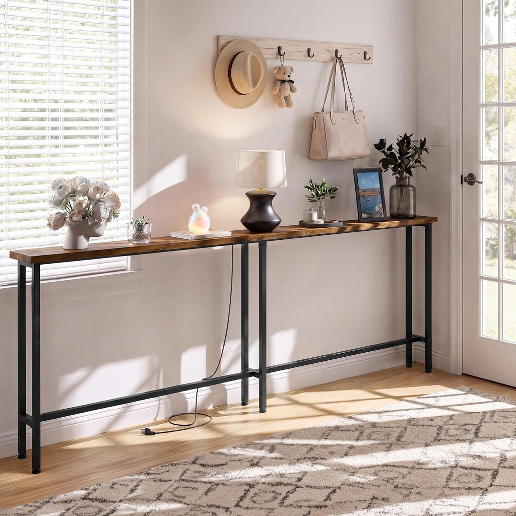 GRLEAF 63" Narrow Console Sofa Table with Built-in Power Strip (2 AC Outlets & 2 USB Ports) – 4.9ft Power Cord, Metal Frame, Easy Assembly, Ideal for Behind Couch, Hallway, and Office | Rustic Brown