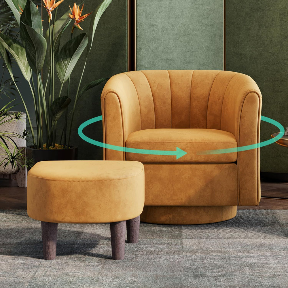 LINSY Swivel Accent Chair with Ottoman: Small Velvet Barrel Chair 360 Swivel ...