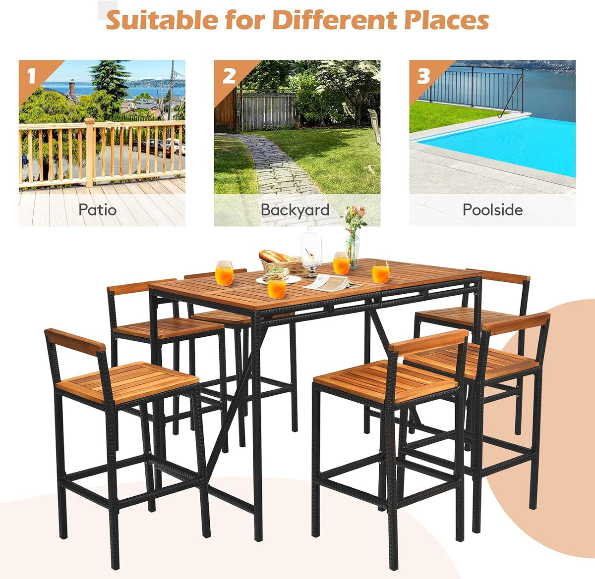 Tangkula 7-Piece Acacia Wood Bar Set with Patiojoy Outdoor Rattan High-Dining 6 Bar Stools and 1 Rectangular Table with Umbrella Hole - Outdoor Conversation Set for Patio, Backyard, Garden