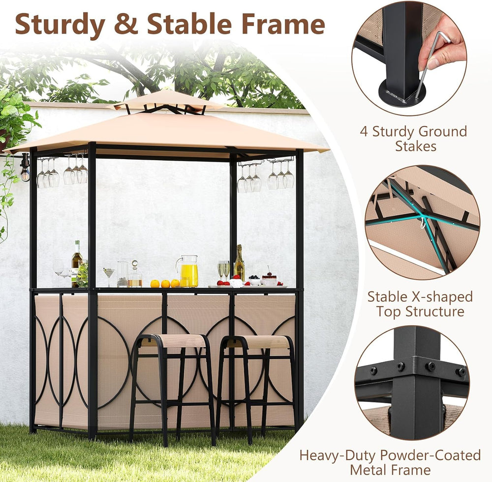 Tangkula 3-Piece Patio Bar Set, Grill Gazebo & 2 Bar Stools with Tempered...