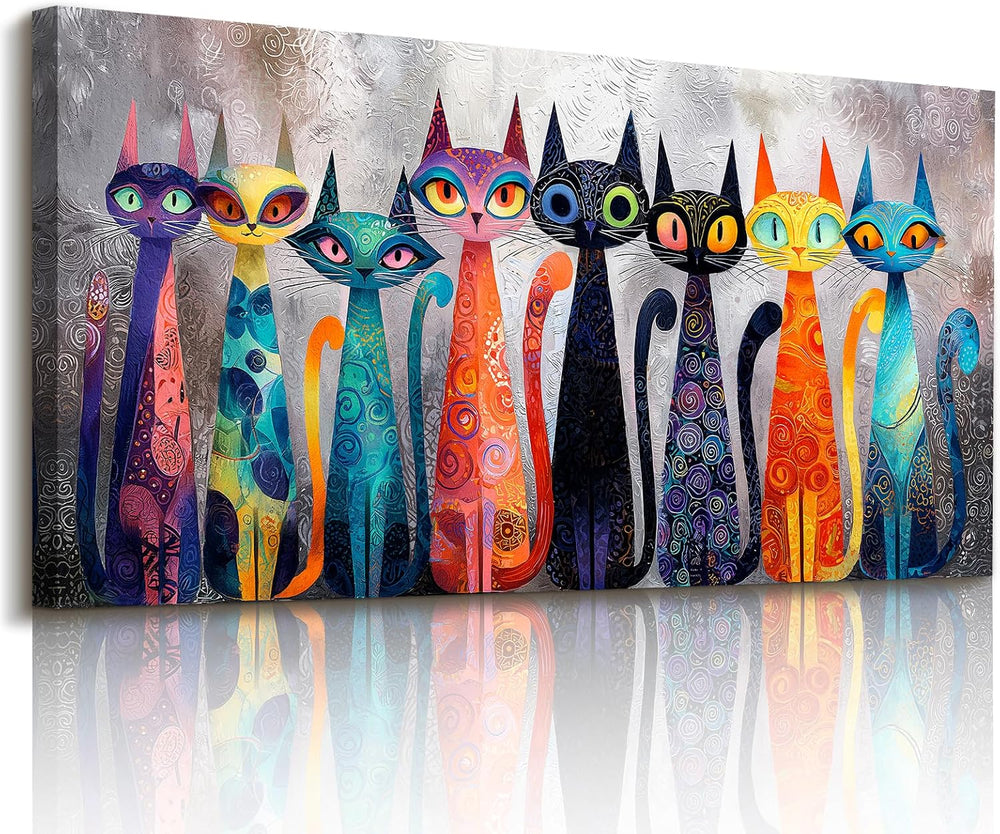 imjiayu Colorful Abstract Cat Canvas Wall Art, Boho Whimsical Kitten Print