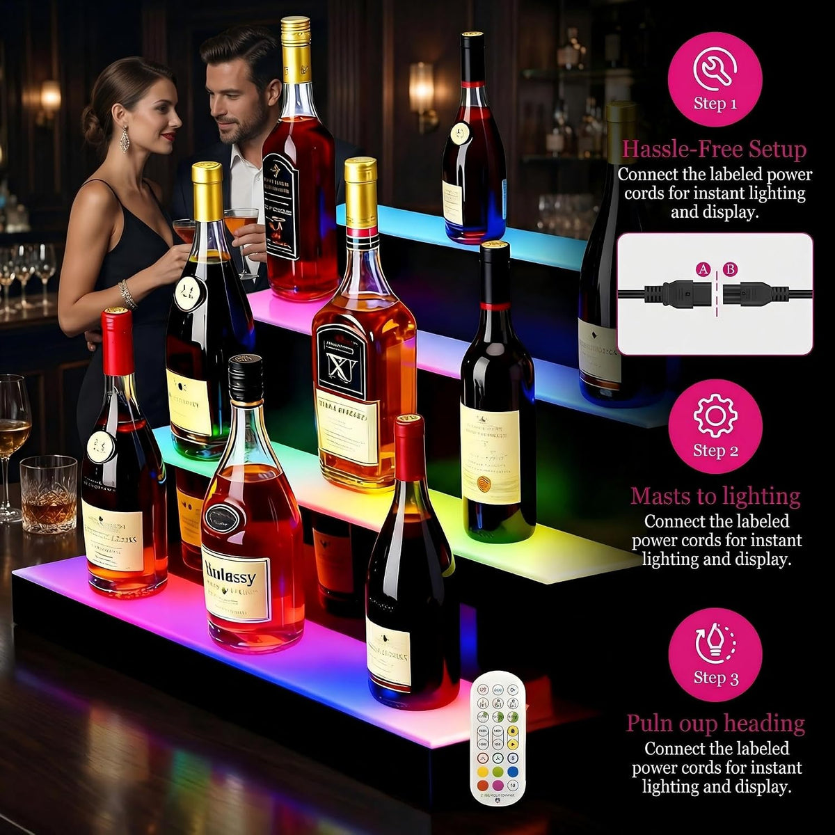 4-Tier LED Lighted Liquor Bottle Display Shelf, 23.6"x 15.8"x 12.6" Acrylic Bar Rack with Remote Control & Music Sync, Holds 24 Bottles, RGB 9 Colors for Home Bar, Pub, Party