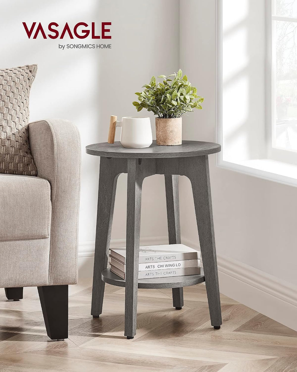 VASAGLE Round Side Table with Lower Shelf, End Table for Small Spaces