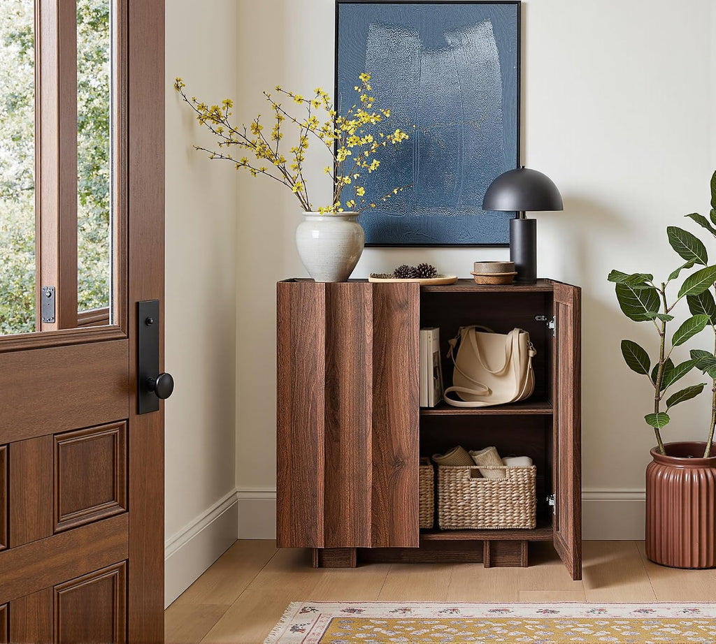 win2win 30.8" Sideboard Buffet Cabinet with Storage, Walnut, Wave Design