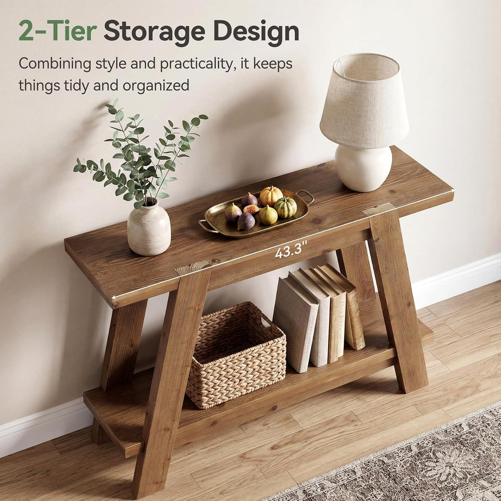 43.3" Solid Wood Entryway Table, 2-Tier Farmhouse Console Table with Sto...