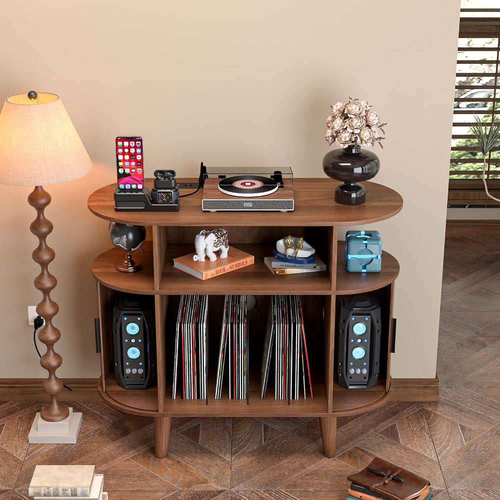 LUVIOHOME Large Round Record Player Stand with Charging Station & USB Ports